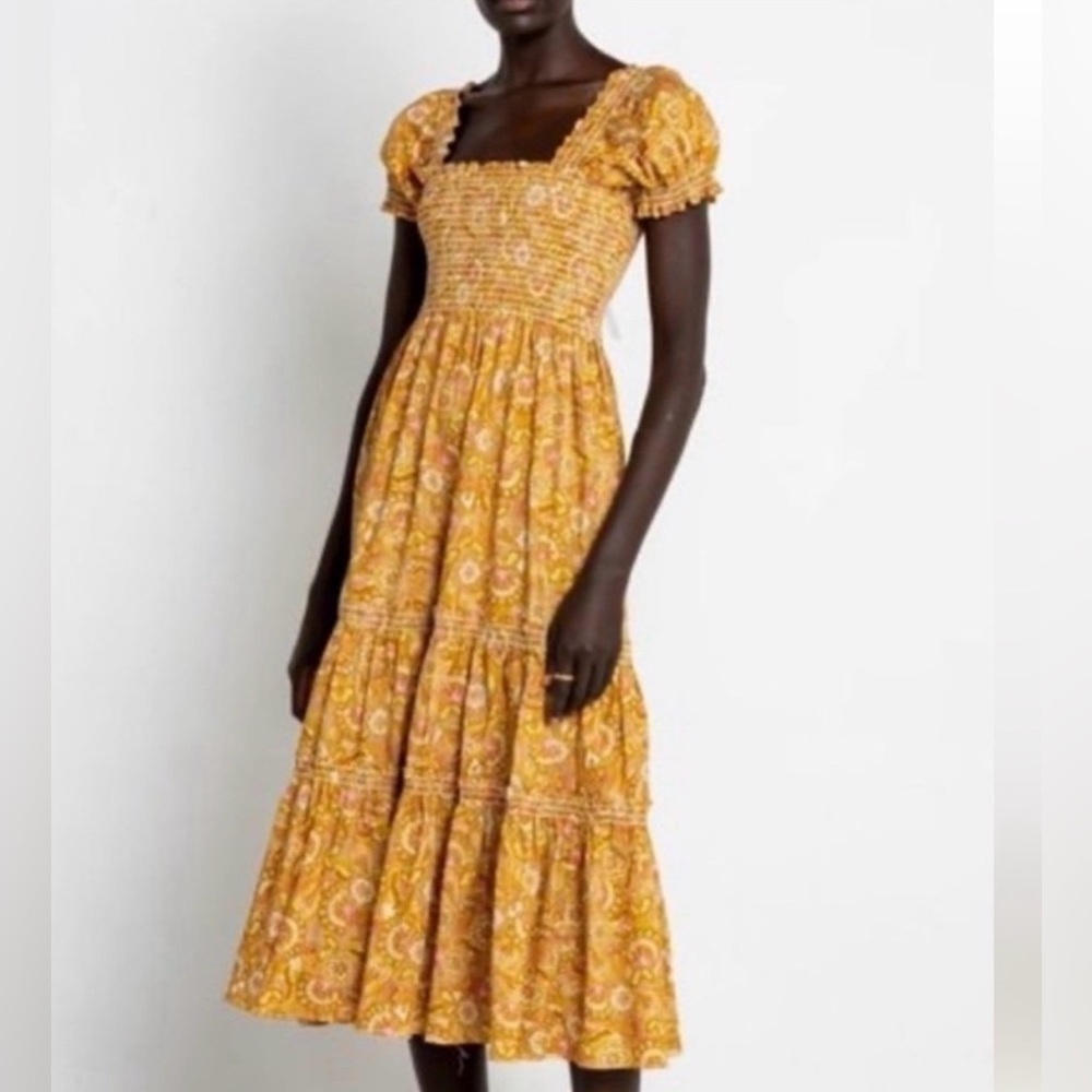 O. P. T. Cotton Women’s Allover Print Tiered Dress, Mustard Sz Sm - Picture 2 of 8
